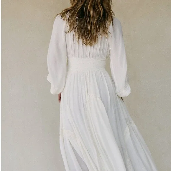 Free People Dixie Lace Smocked Panel Maxi Dress, Egret (White), L (NWOT) - Picture 5 of 16